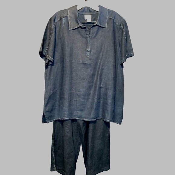 Vintage Neiman Marcus Linen Outfit Black Large 2 Pieces Women - Picture 1 of 14